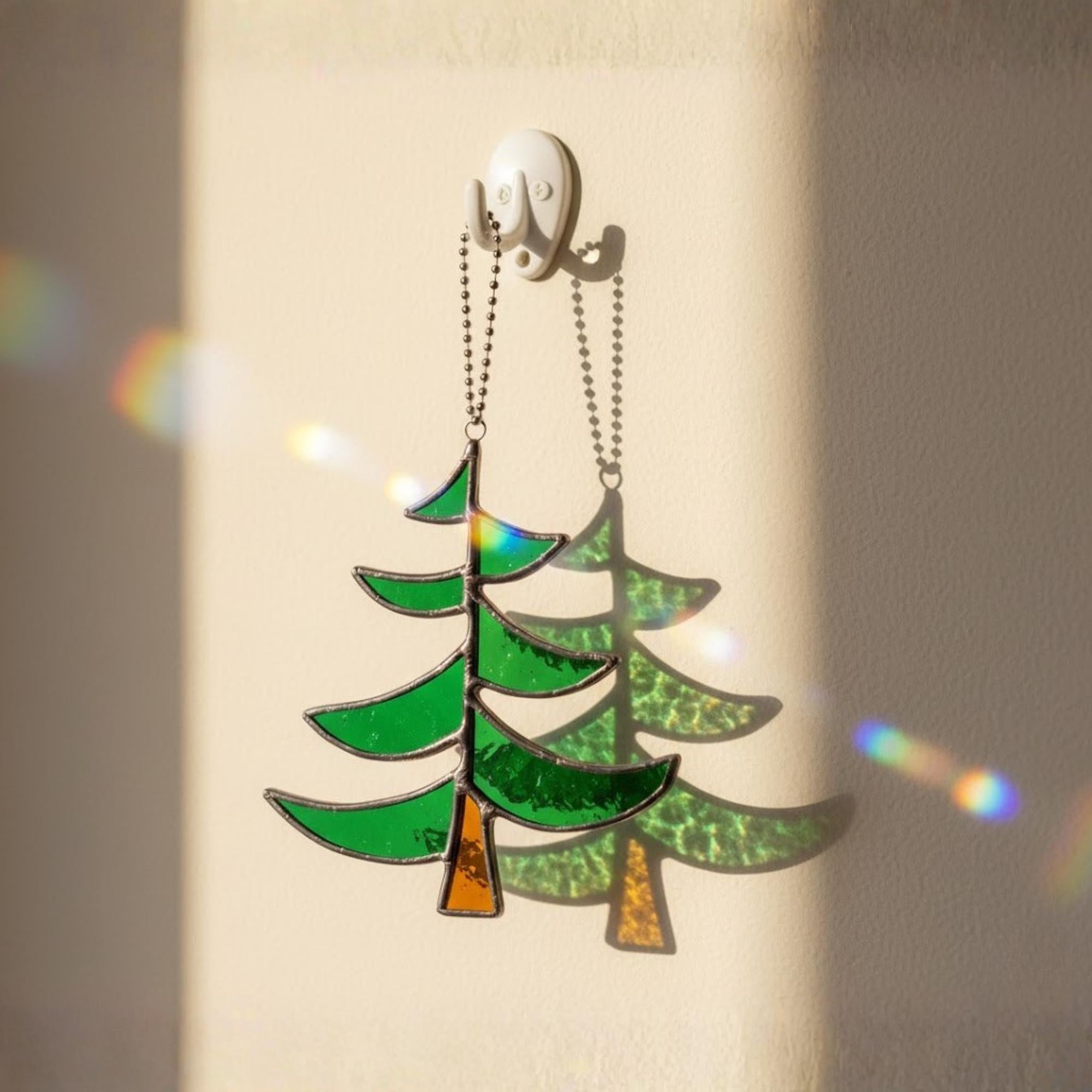 Layered green stained glass tree with star, handmade window suncatcher