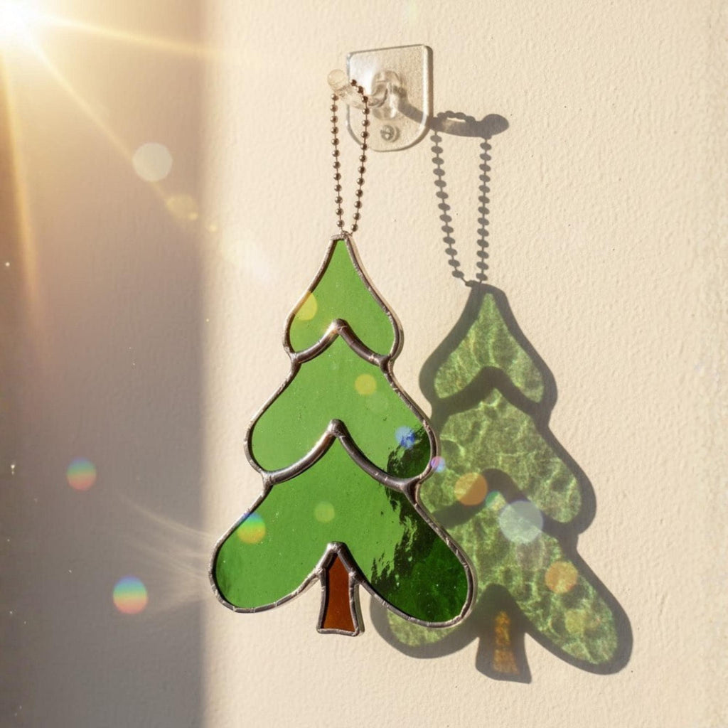 Minimal triangle stained glass trees pair on wall, geometric Christmas décor