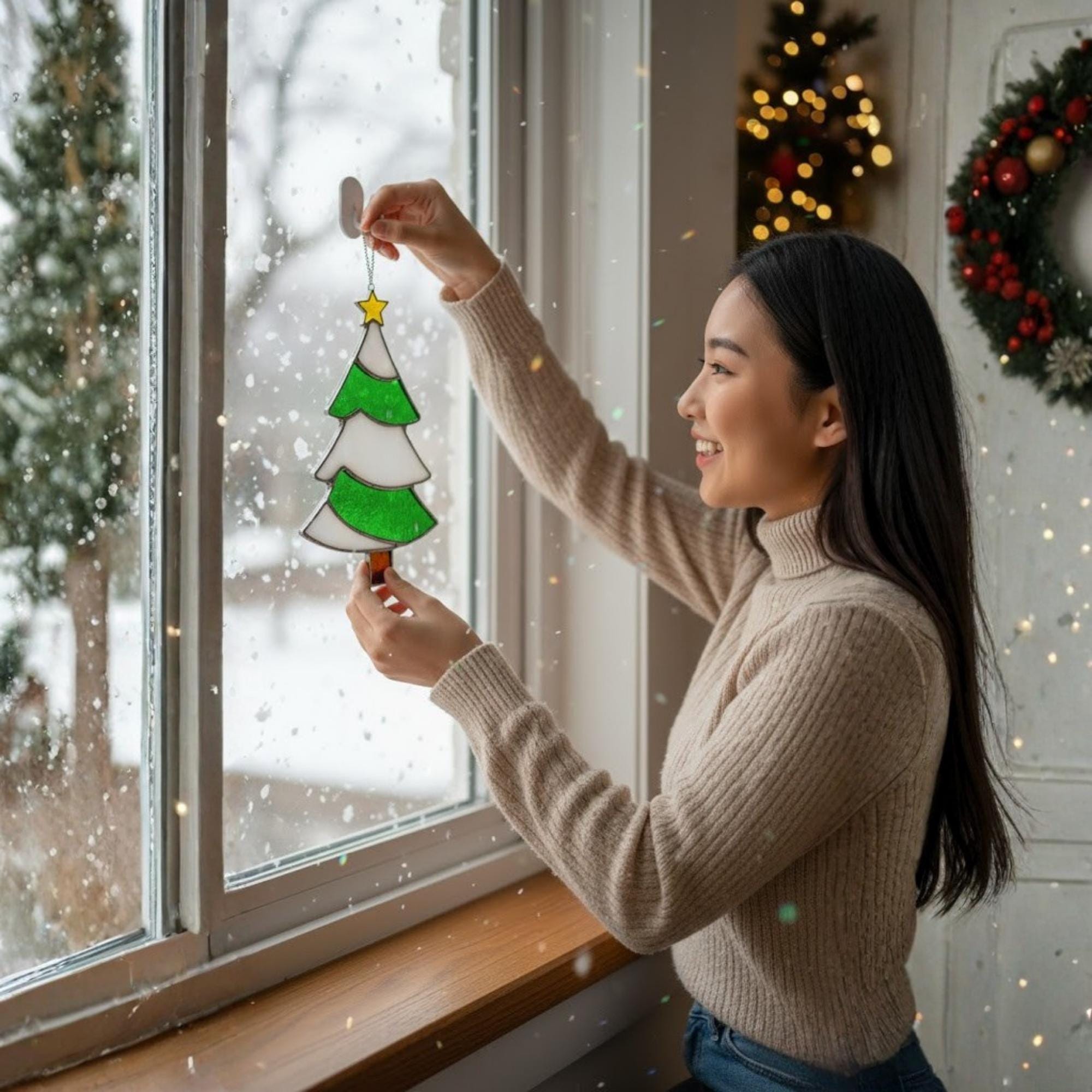 Woman hanging stained glass Christmas tree on window, winter home decor