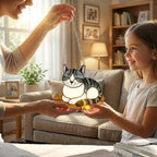 Mother and daughter holding stained glass cat ornament, family gift idea for cat mom.