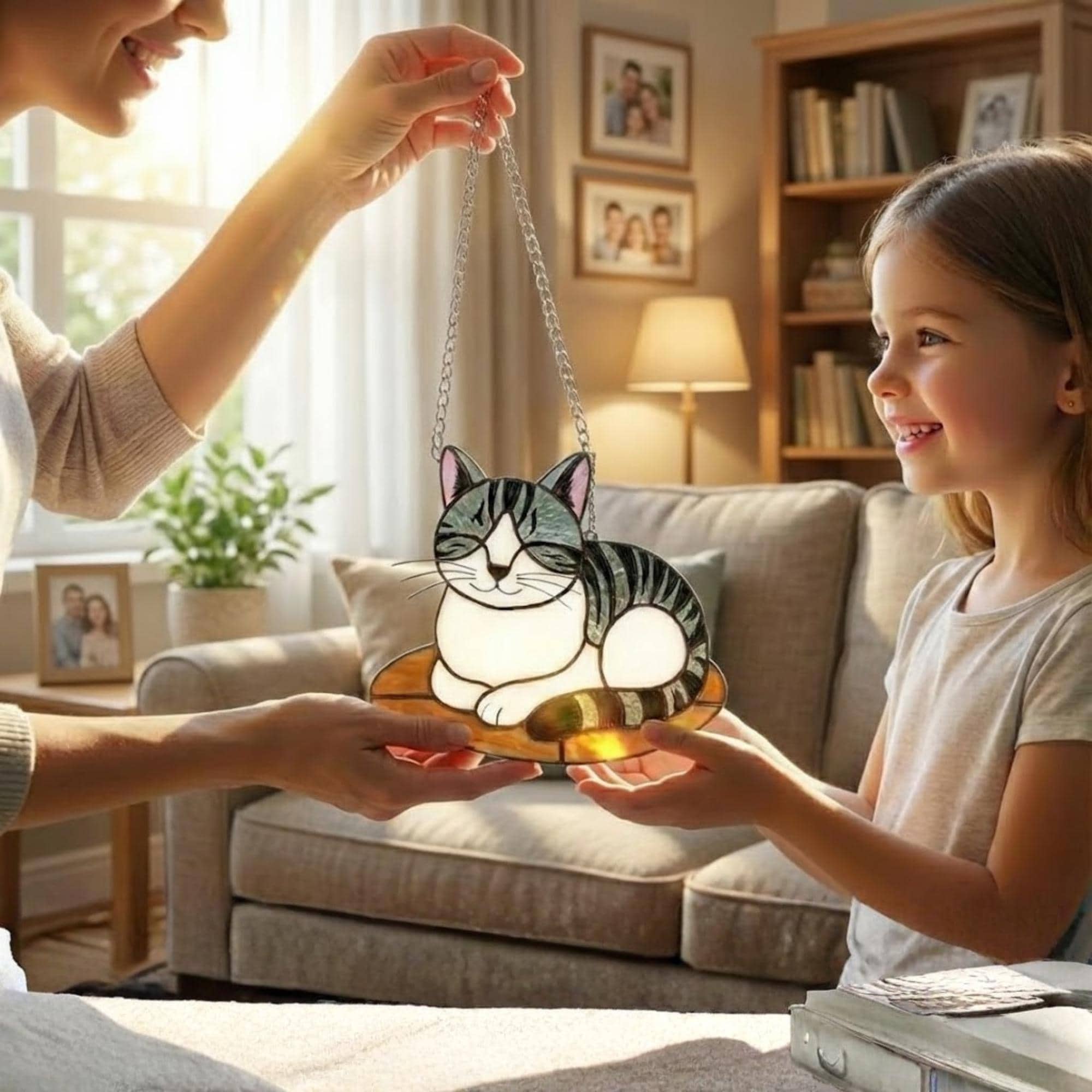 Mother and daughter holding stained glass cat ornament, family gift idea for cat mom.