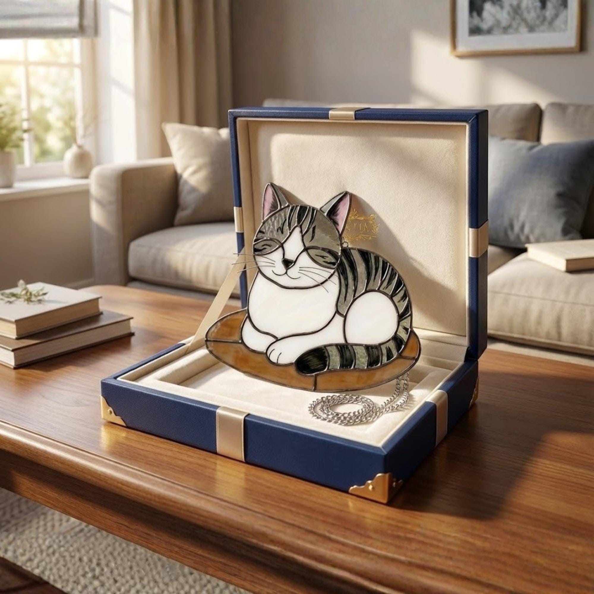 Stained glass tabby cat inside luxury blue gift box, premium packaging for cat lover gift.