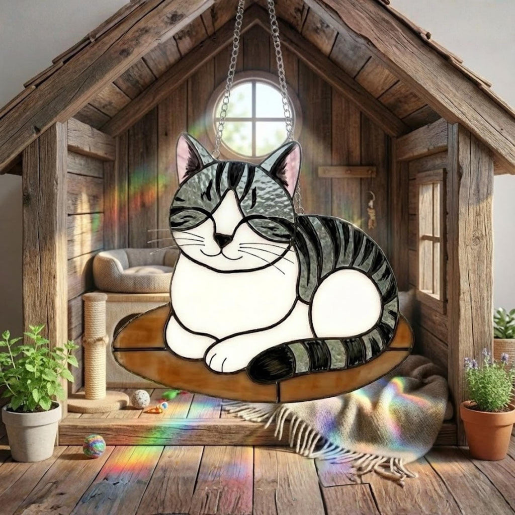 Cat stained glass art hanging in rustic room with rainbow light reflections.