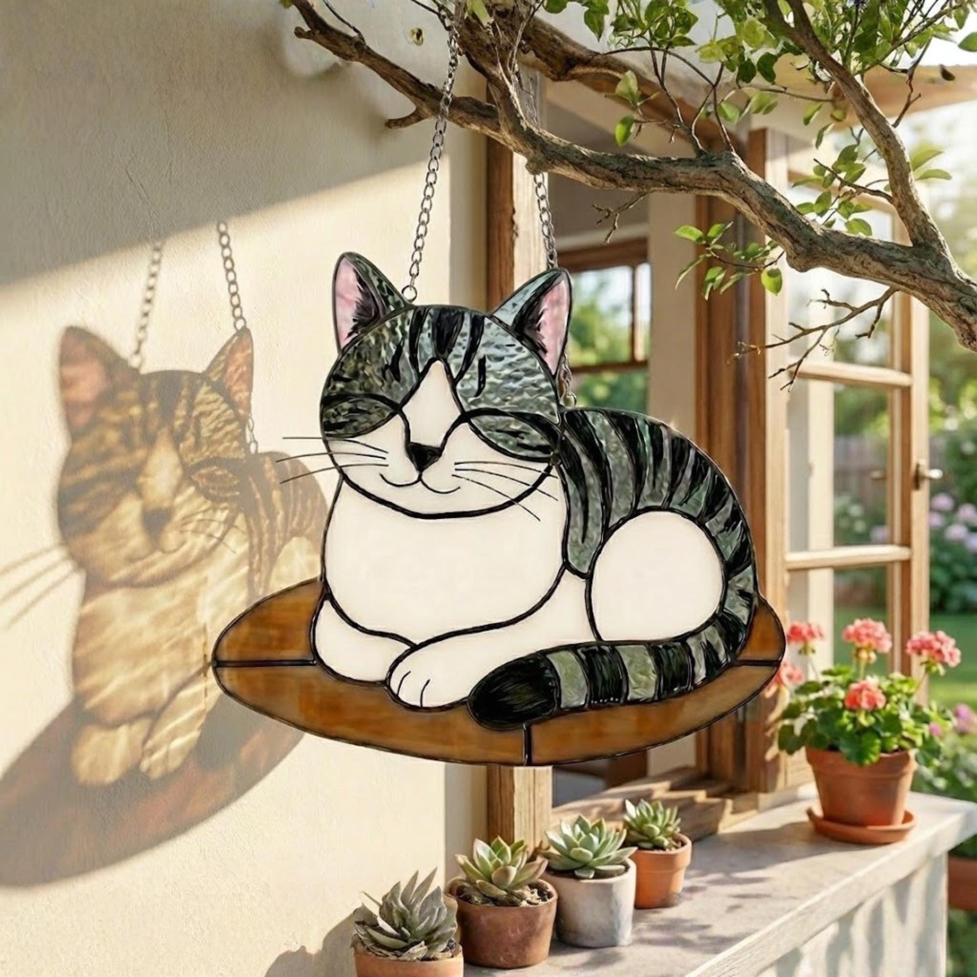 Stained glass grey tabby cat suncatcher hanging by window with shadow projection, unique home decor.