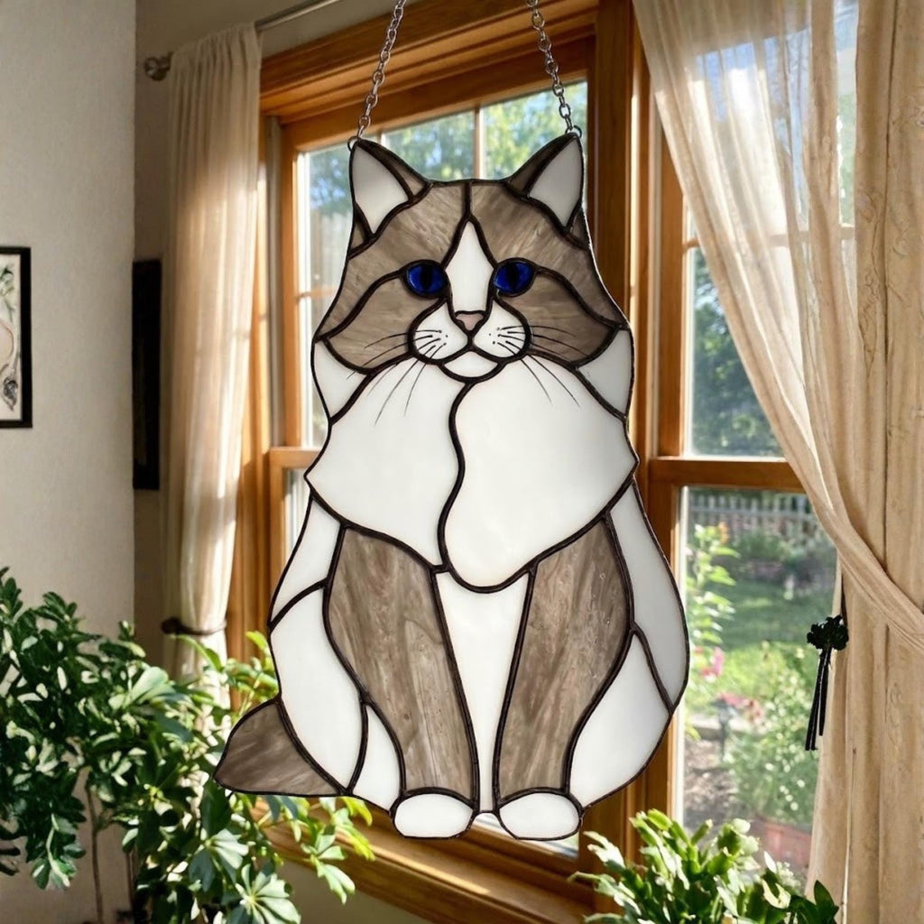 Fluffy brown and white cat suncatcher, long haired tabby cat ornament.