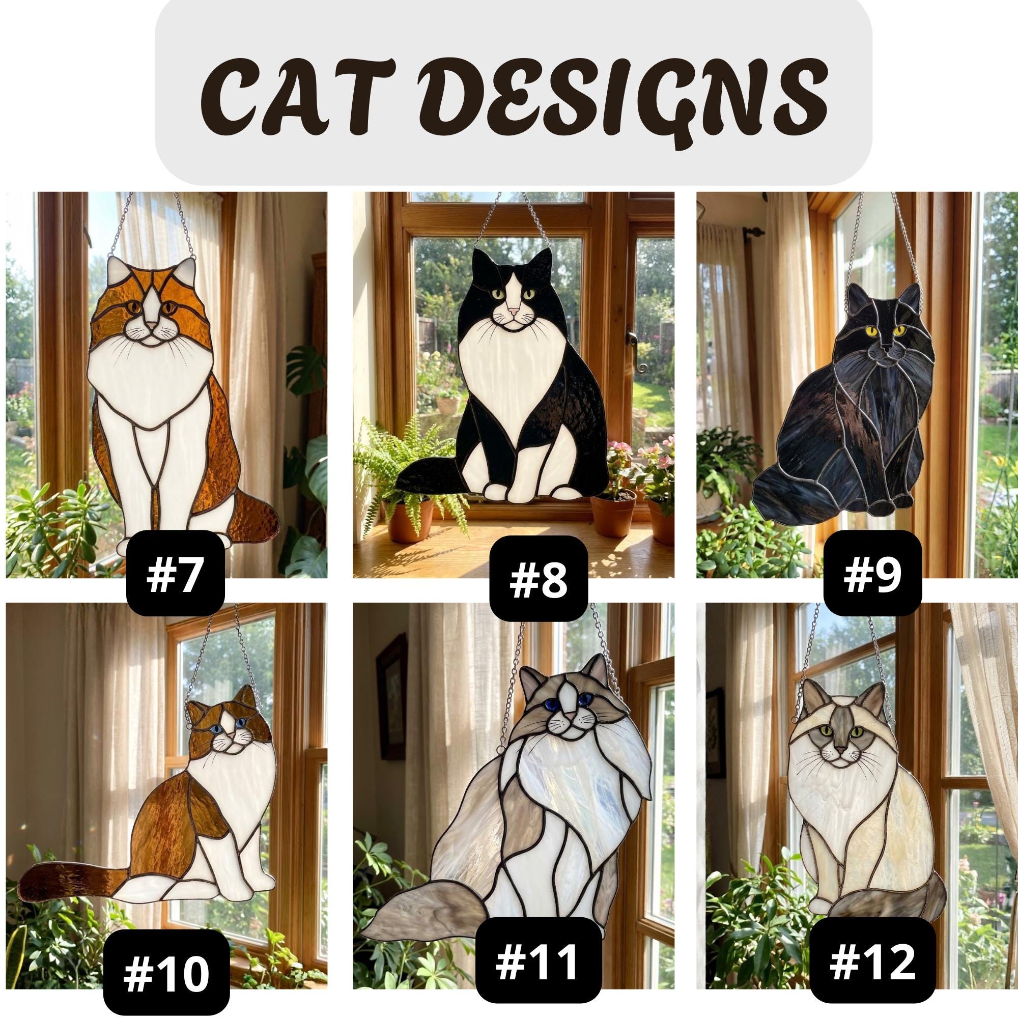 Design variations for Tuxedo, Black cat, and Calico stained glass ornaments.