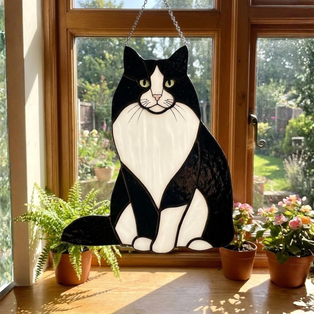 Mèo Tuxedo: Black and white Tuxedo cat stained glass, fluffy Felix cat ornament