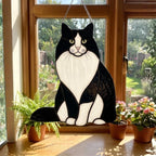 Mèo Tuxedo: Black and white Tuxedo cat stained glass, fluffy Felix cat ornament