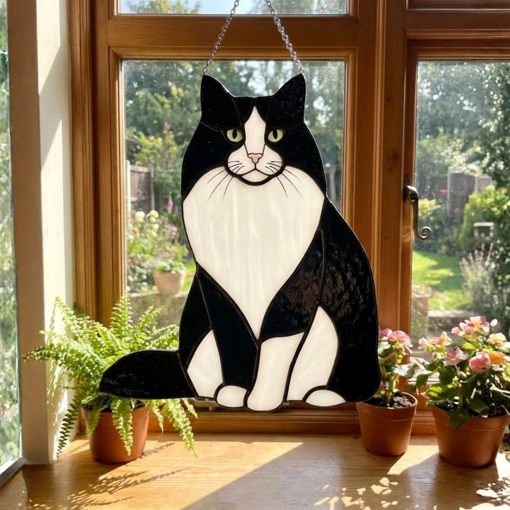Mèo Tuxedo: Black and white Tuxedo cat stained glass, fluffy Felix cat ornament