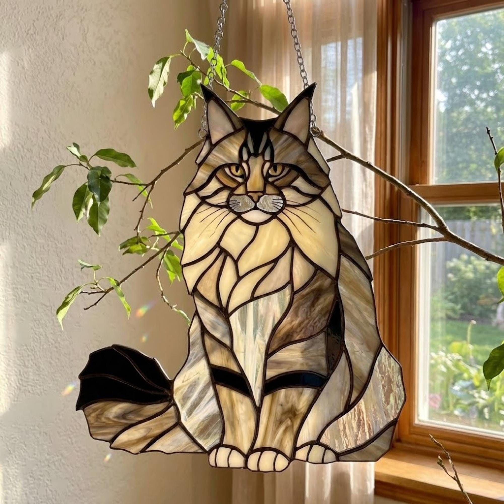 Stained glass Maine Coon cat suncatcher hanging on window, fluffy brown tabby memorial gift.