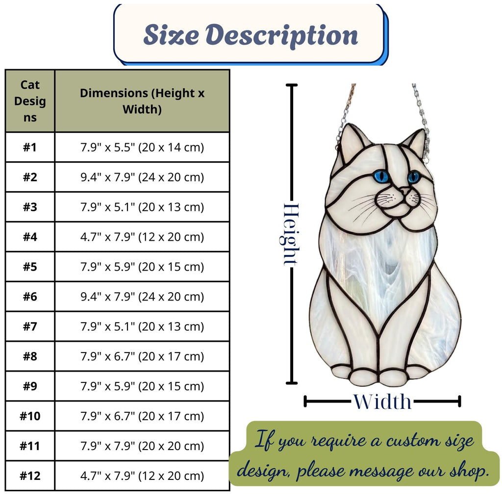 Size chart for stained glass cat suncatchers showing dimensions for all 12 fluffy cat models.