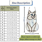 Size chart for stained glass cat suncatchers showing dimensions for all 12 fluffy cat models.