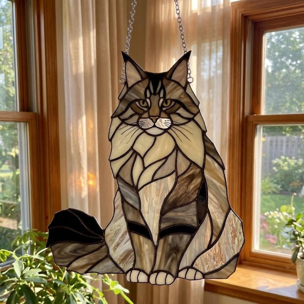 Majestic Maine Coon stained glass window hanging, brown tabby forest cat art