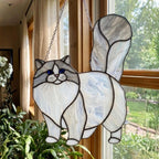 White cat with fluffy grey tail stained glass, cute kitty window decor.