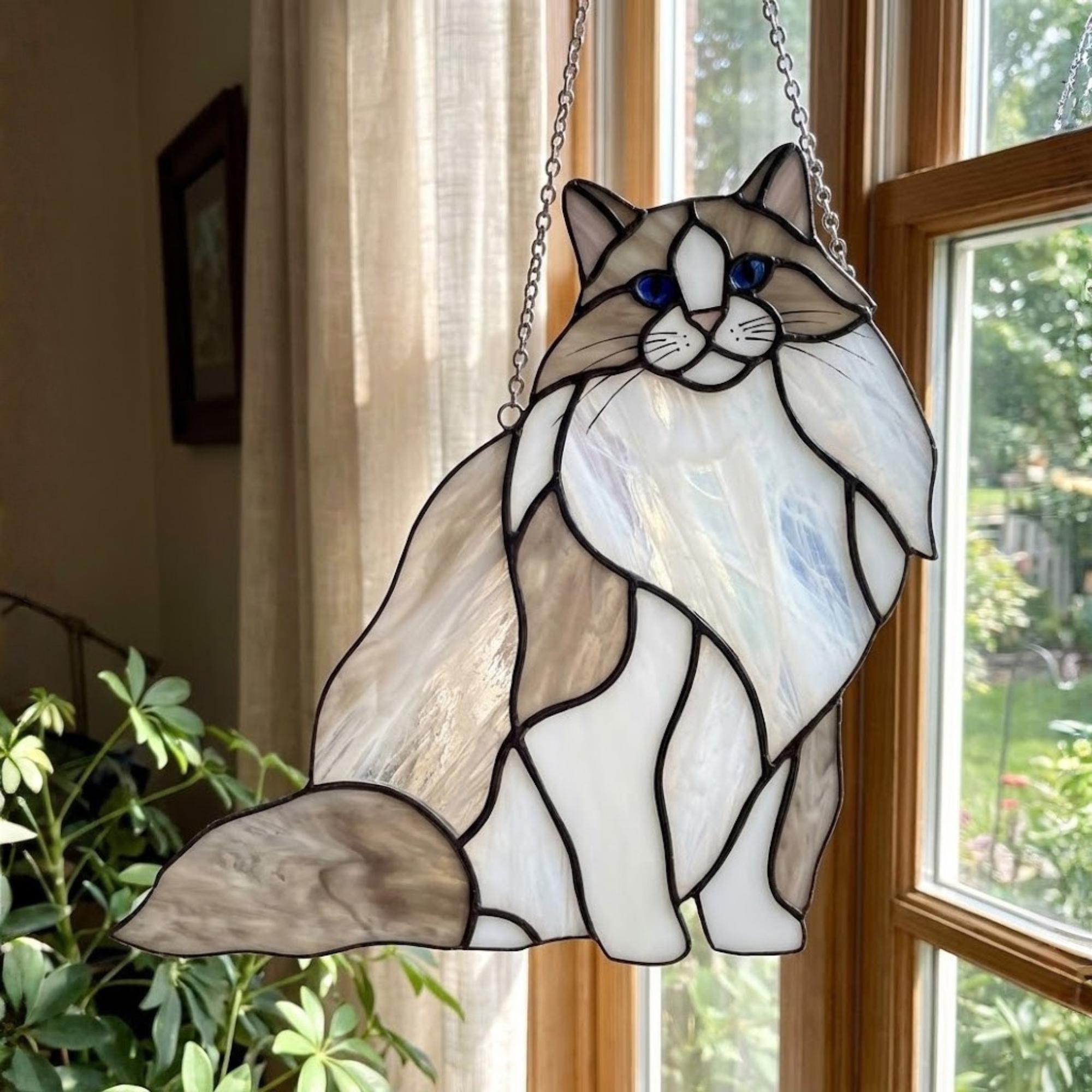 Stained glass Ragdoll cat suncatcher hanging on window, fluffy long haired cat memorial gift.