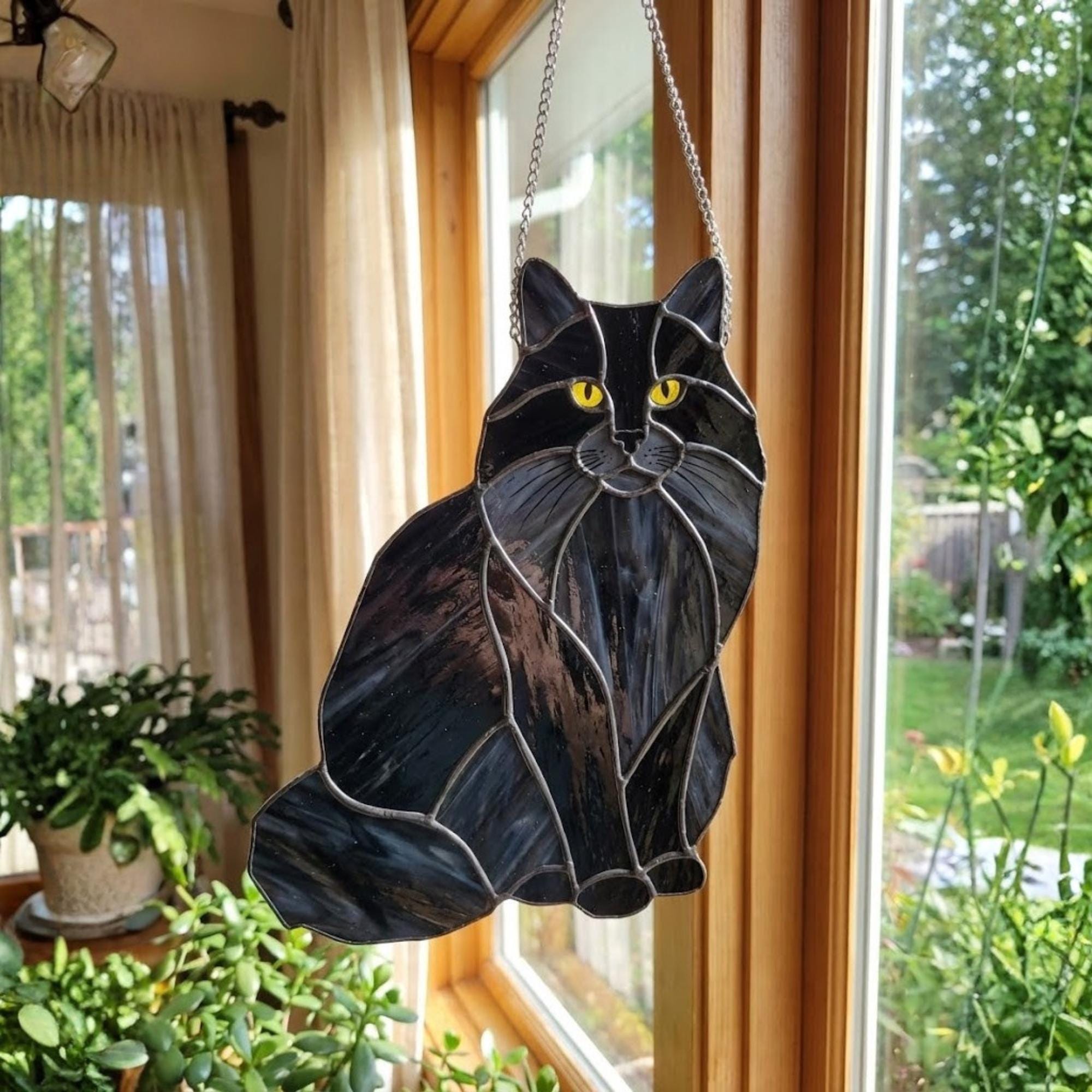 Black and white Tuxedo cat stained glass, fluffy Felix cat ornament.