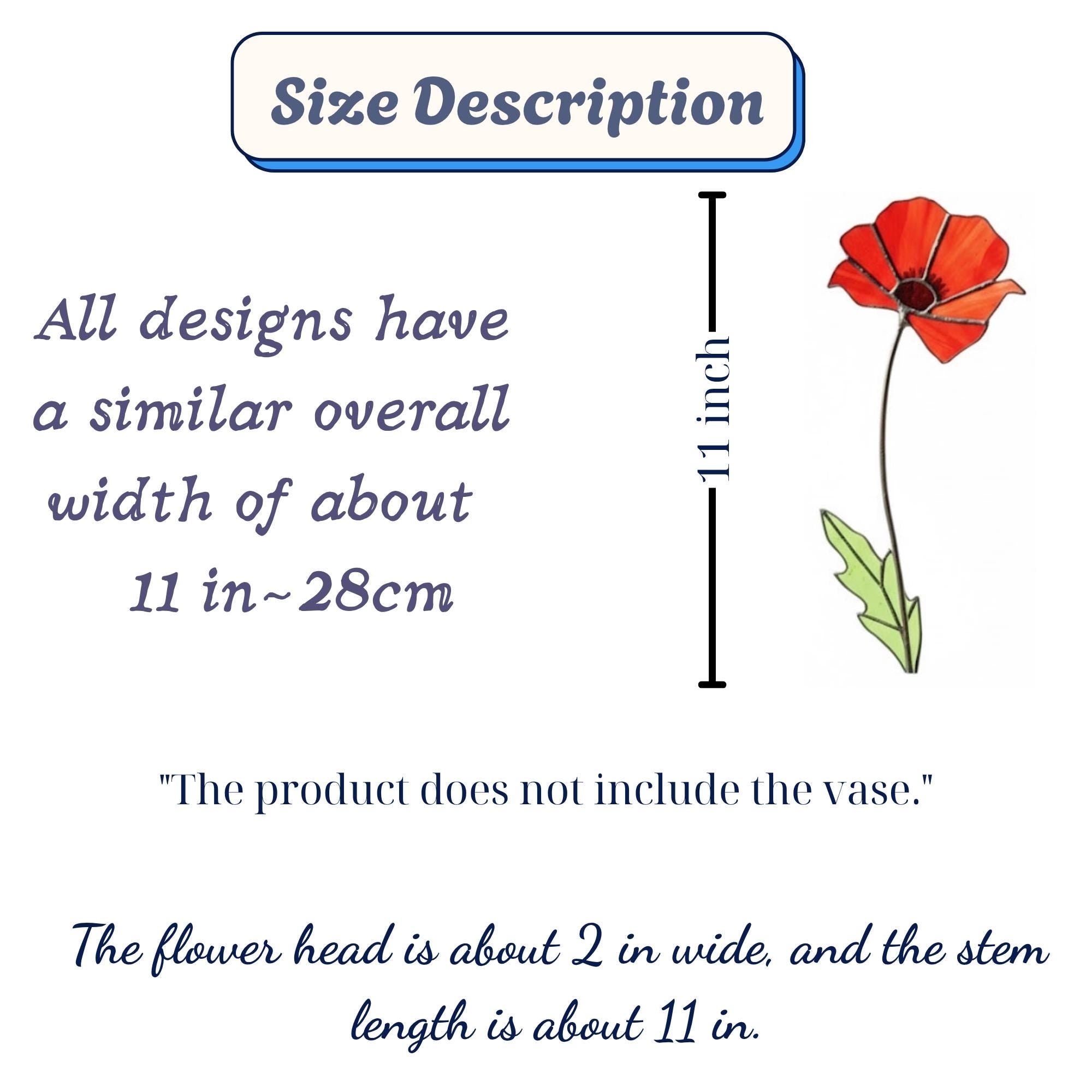 Size chart for stained glass poppy flower stem, approx 11 inches tall
