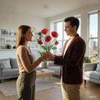 Man giving stained glass poppy flowers as a gift, handmade floral decor