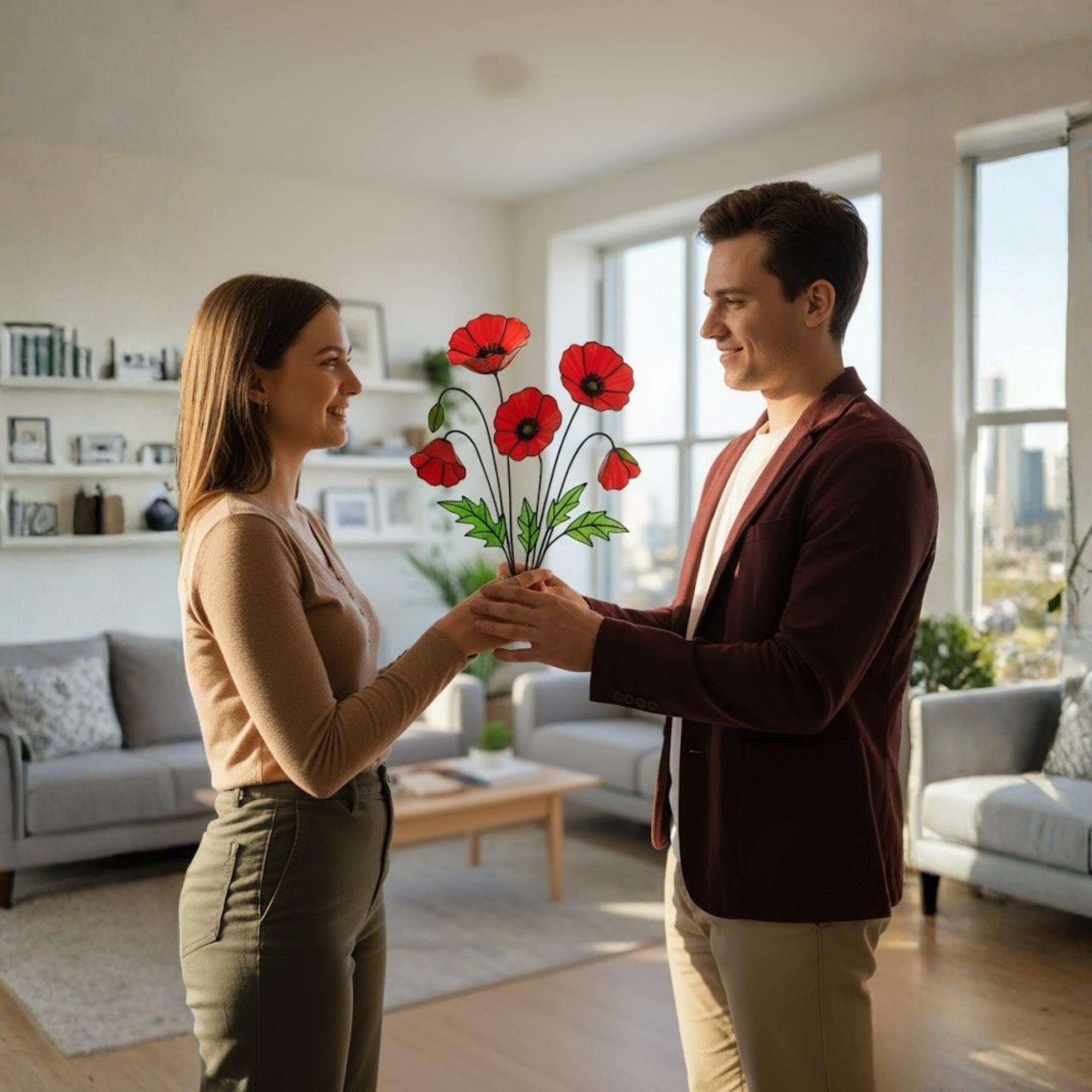 Man giving stained glass poppy flowers as a gift, handmade floral decor