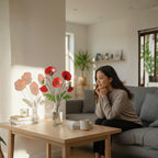 Stained glass poppy bouquet arranged on a coffee table with soft sunlight