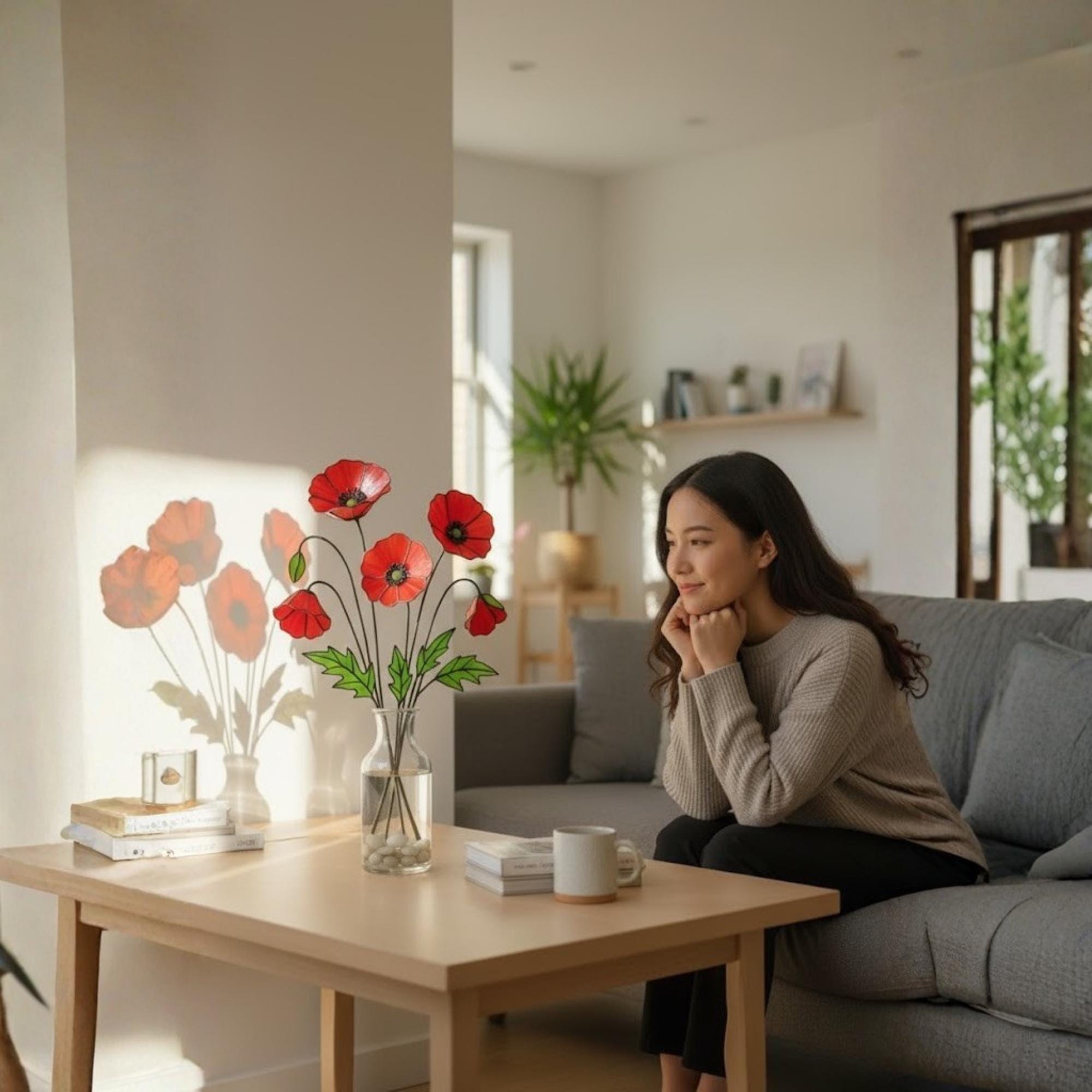 Stained glass poppy bouquet arranged on a coffee table with soft sunlight