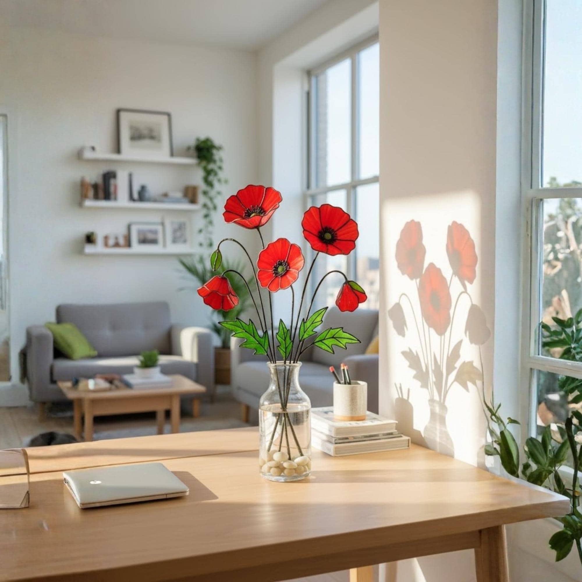 Stained glass poppy bouquet in glass vase on cozy living room table