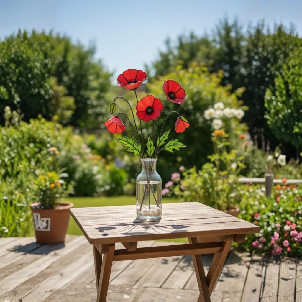 Outdoor patio table with stained glass poppy flowers, bright summer decor