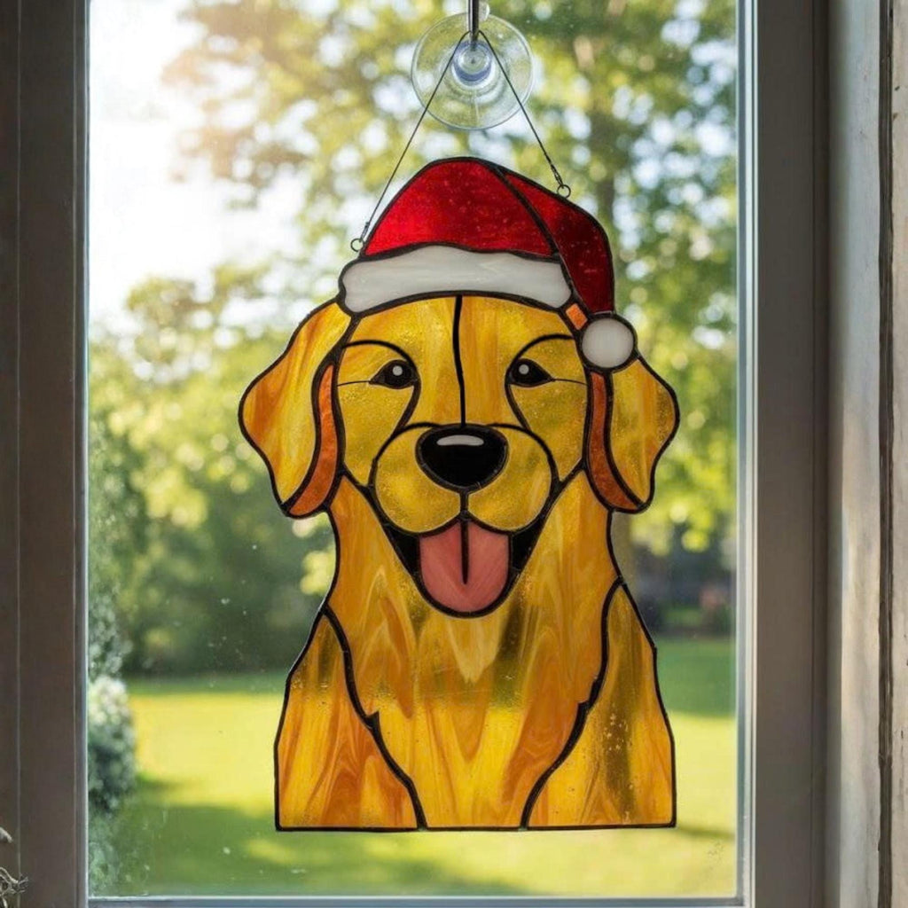 Stained glass golden retriever dog suncatcher hanging on window, handmade pet ornament