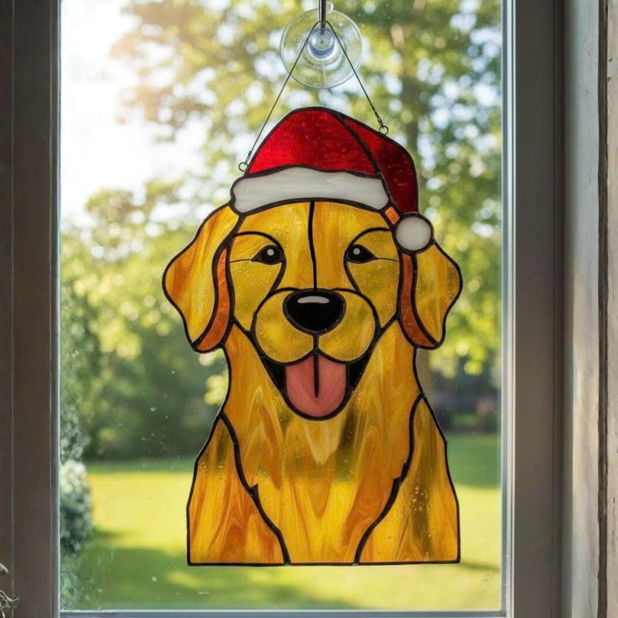 Stained glass golden retriever dog suncatcher hanging on window, handmade pet ornament