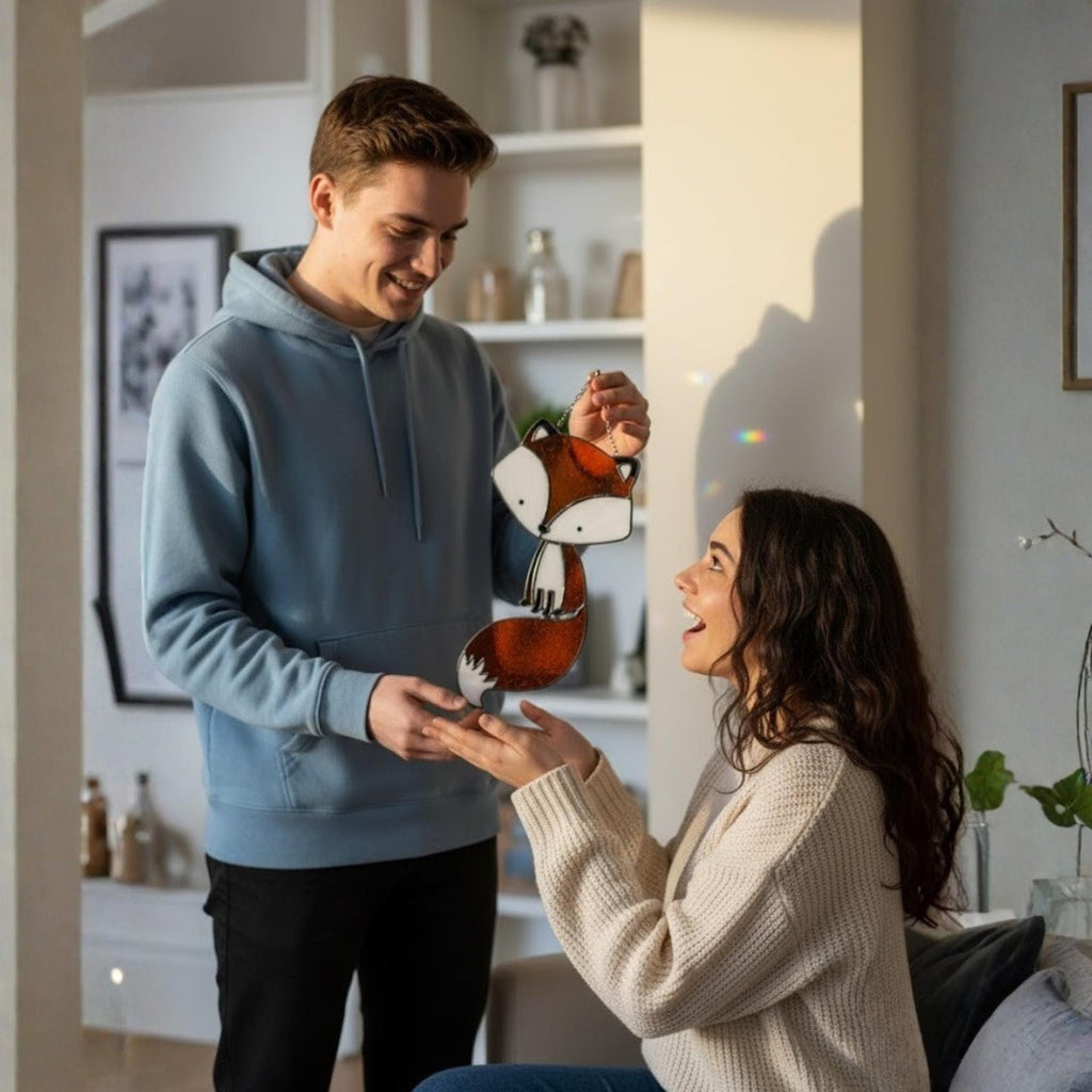 Couple gifting stained glass fox suncatcher, meaningful handmade gift moment