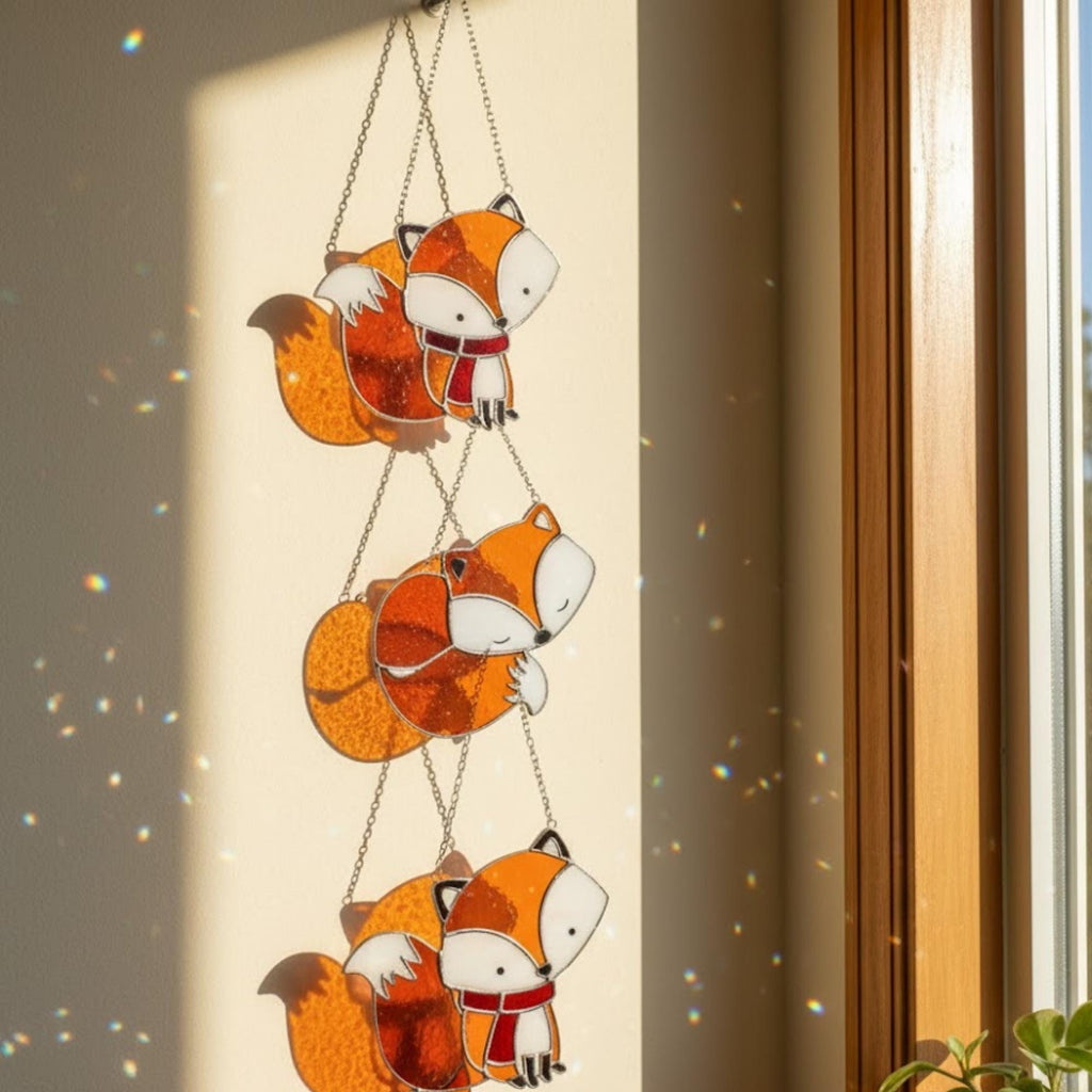 Trio of stained glass fox suncatchers hanging together, warm window decor