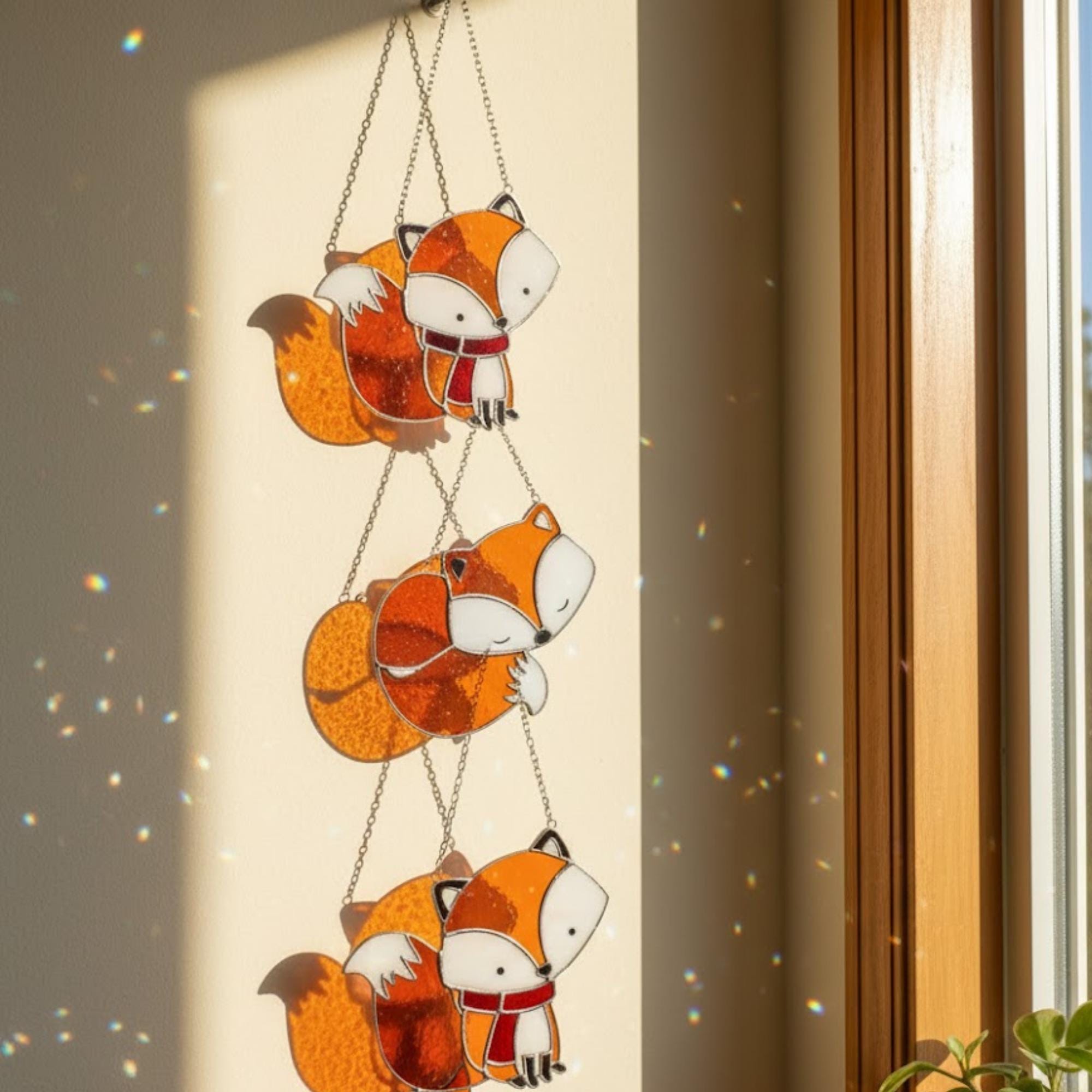 Trio of stained glass fox suncatchers hanging together, warm window decor