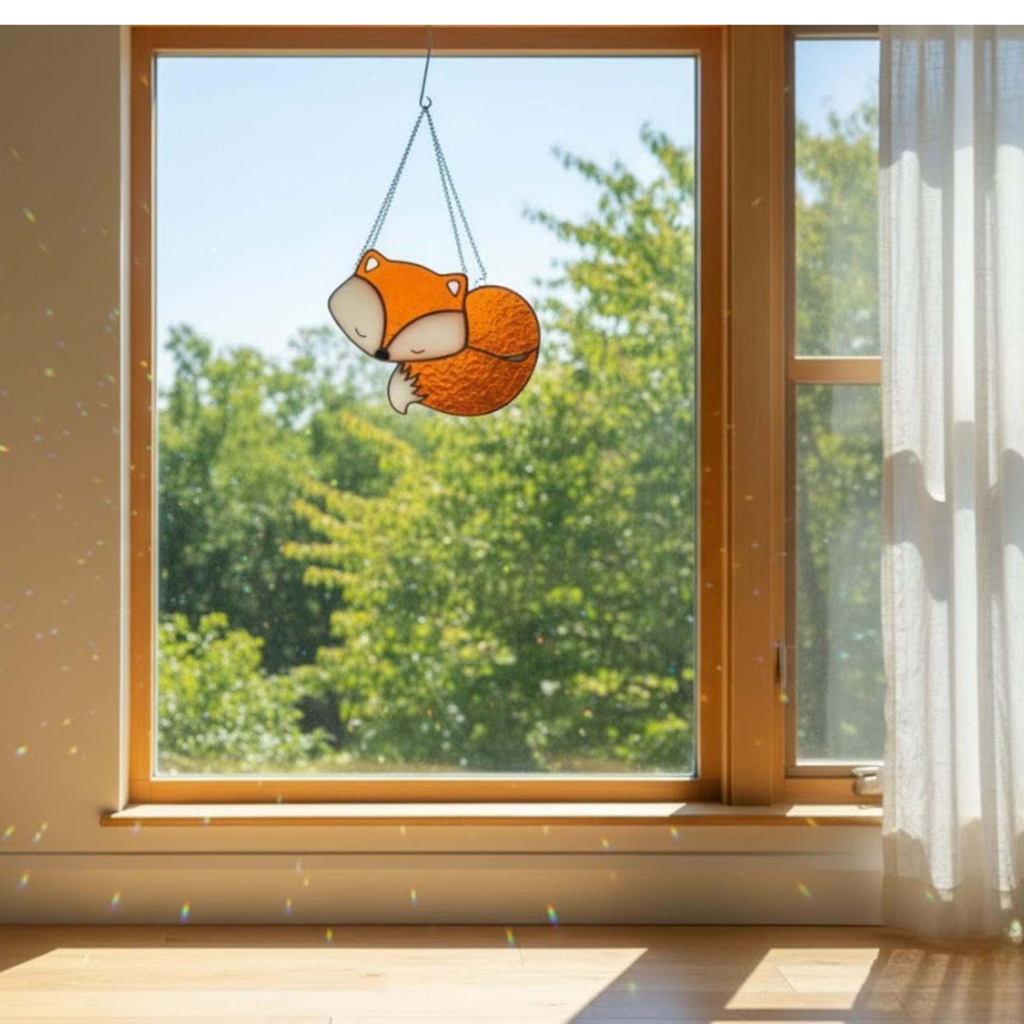 Sleeping fox stained glass suncatcher hanging on window, woodland room accent