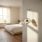 Three stained glass sleeping dog ornaments hanging together, handmade pet decor