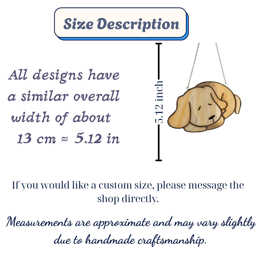 Size chart for stained glass sleeping dog suncatcher, approx 5.12 inch height
