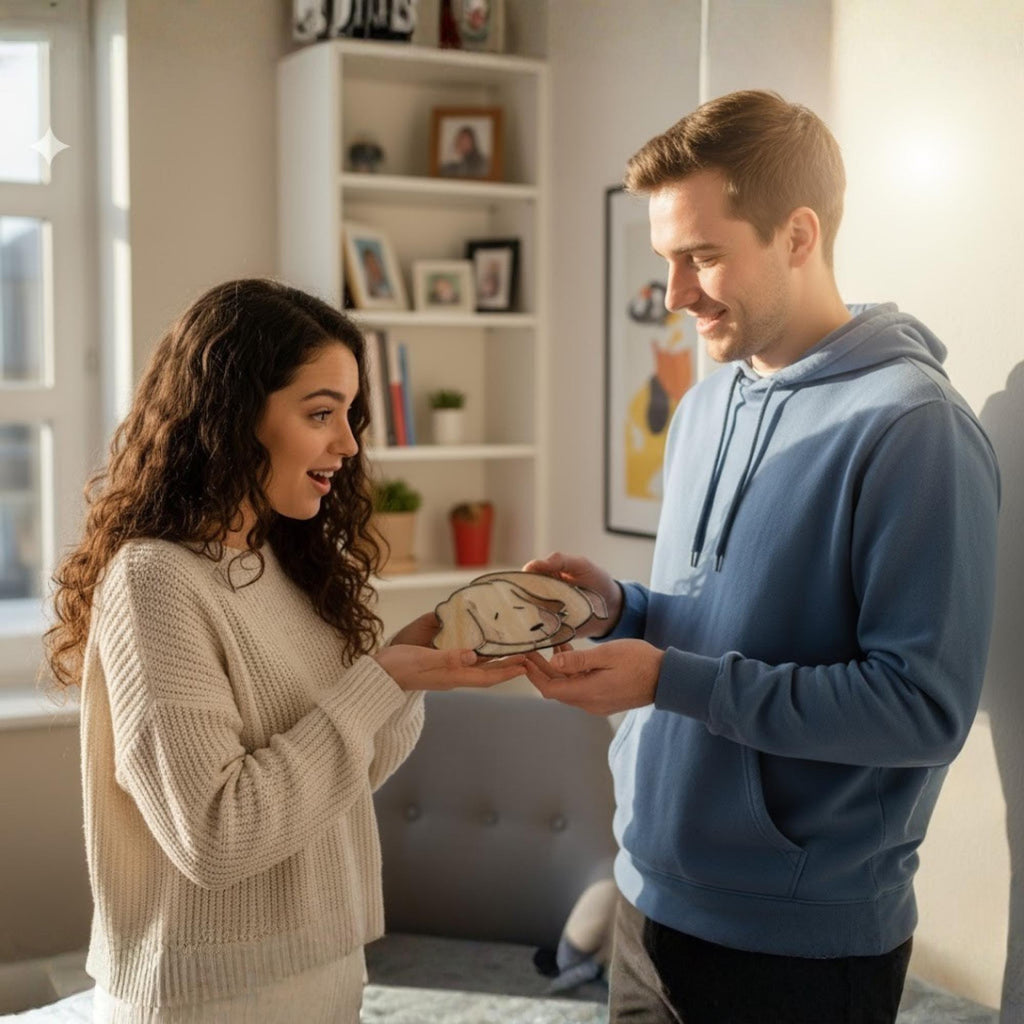 Sleeping dog ornament glowing warmly on glass door with sunlight reflections
