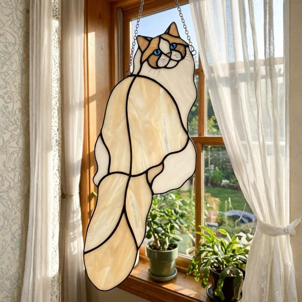 Majestic Ragdoll cat stained glass window hanging, long haired cat art.