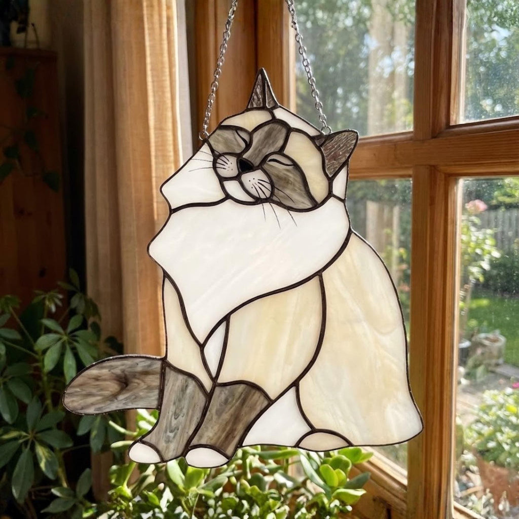 Sitting long haired cat stained glass, custom pet portrait for mom.