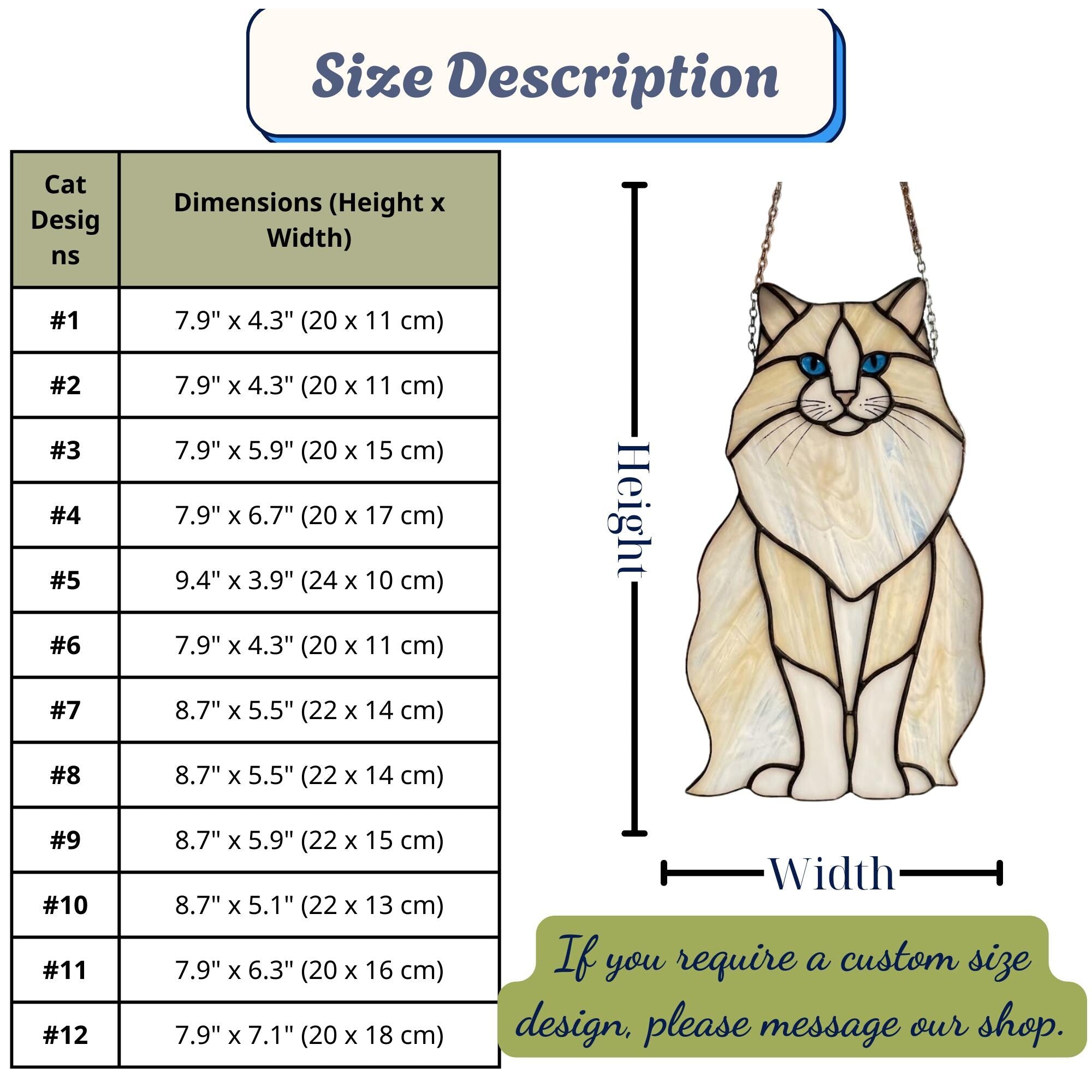 Size chart for Ragdoll cat suncatchers, dimensions for 12 handmade glass designs.
