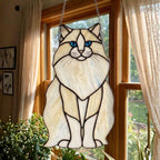 Stained glass cat art for Ragdoll owners, handmade window hanging.