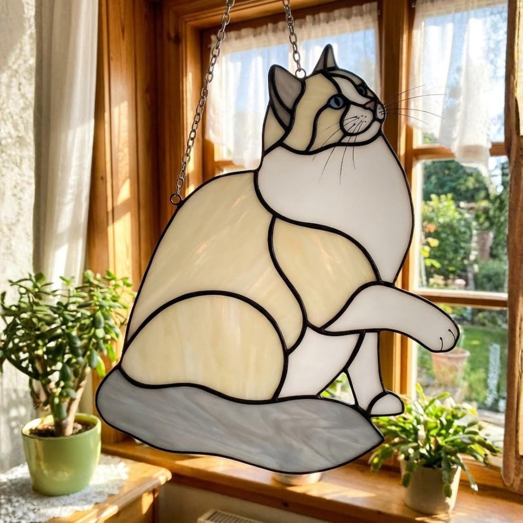 Stained Glass Ragdoll Cat Suncatcher, Siamese Birman Himalayan Memorial Gift, Blue Eyes Cat Ornament, Pet Loss Gift for Mom, Christmas Decor
