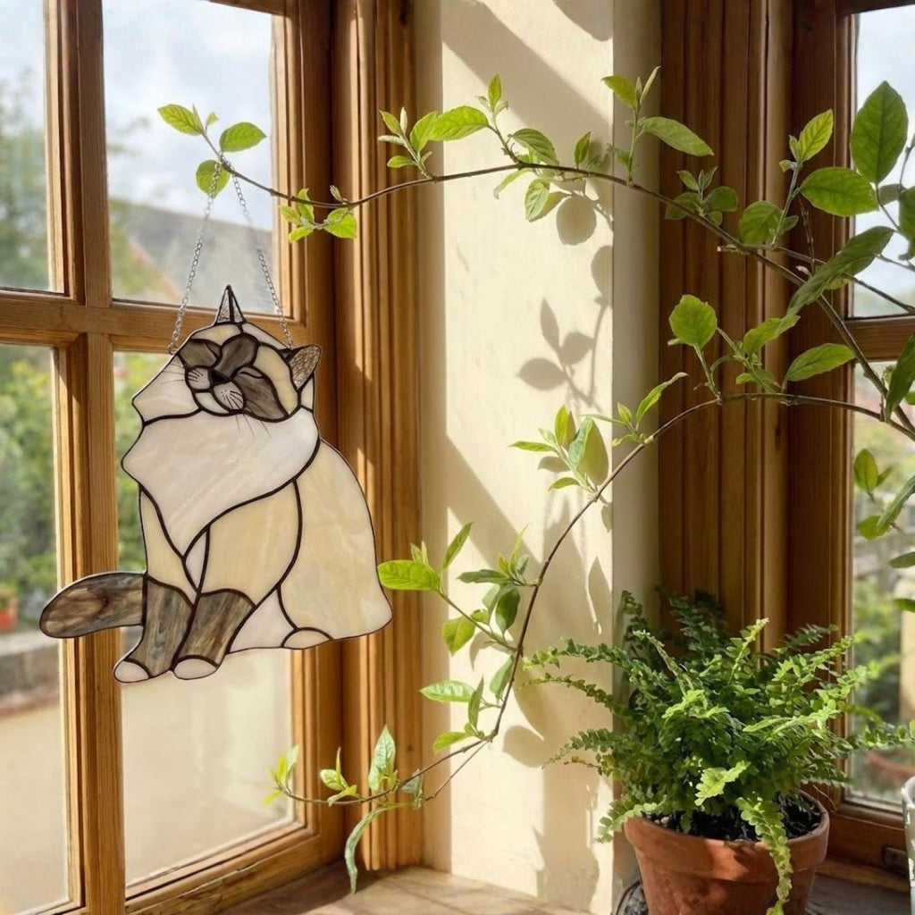 Stained glass Birman cat hanging in garden window, nature lover gift.