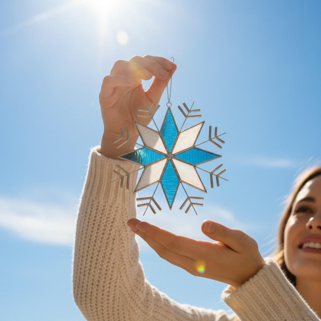 Holding stained glass snowflake in sunlight, handmade winter window decor