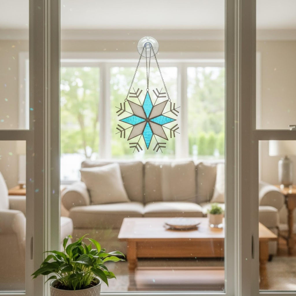 Cozy winter living room with stained glass snowflake hanging on window