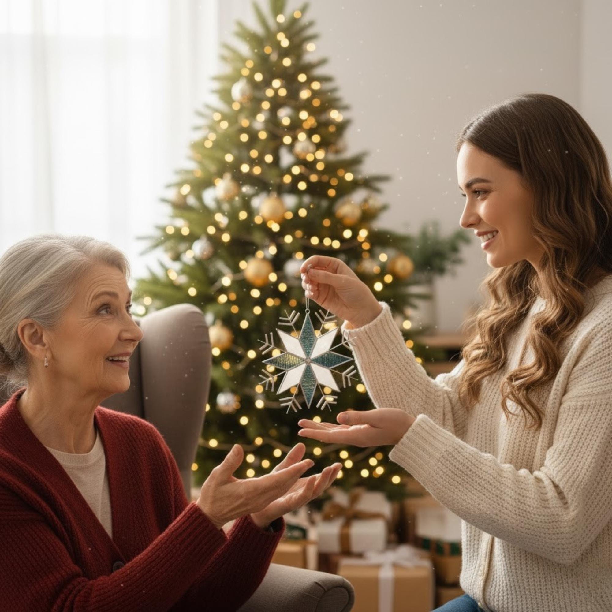 Family gifting handmade snowflake ornament by Christmas tree, winter home scene