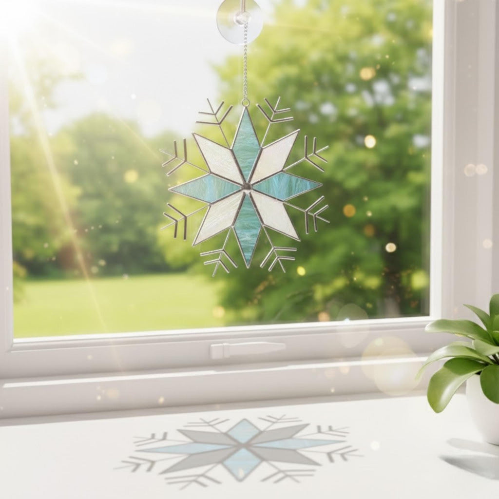 Snowflake suncatcher sparkling in bright window, stained glass holiday decoration