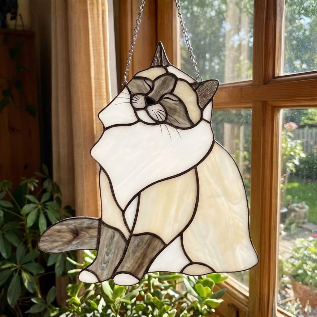 Stained Glass Ragdoll Cat Suncatcher with Wood Stand | Blue Eyes Siamese Cat Memorial Gift | Pet Loss Sympathy Gift for Mom | Desk Decor