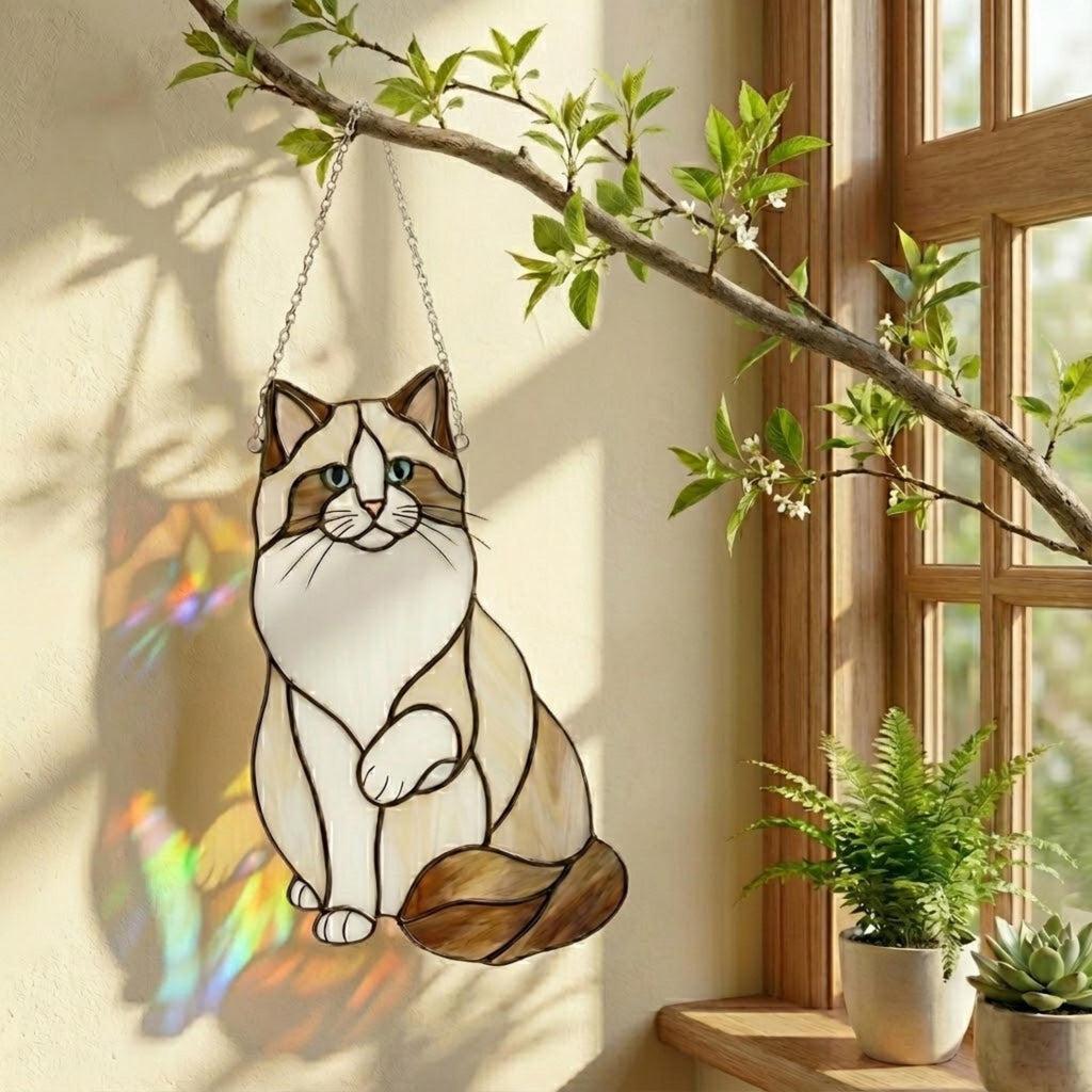 Stained Glass Ragdoll Cat Suncatcher with Wood Stand | Blue Eyes Siamese Cat Memorial Gift | Pet Loss Sympathy Gift for Mom | Desk Decor
