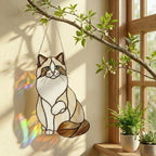 Stained Glass Ragdoll Cat Suncatcher with Wood Stand | Blue Eyes Siamese Cat Memorial Gift | Pet Loss Sympathy Gift for Mom | Desk Decor