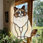 Stained Glass Ragdoll Cat Suncatcher with Wood Stand | Blue Eyes Siamese Cat Memorial Gift | Pet Loss Sympathy Gift for Mom | Desk Decor